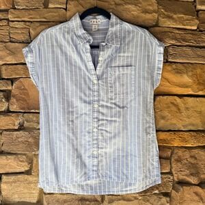 Da-sh XL Striped Blue White Cap Sleeve Button Up Women's Cotton Blouse Coastal